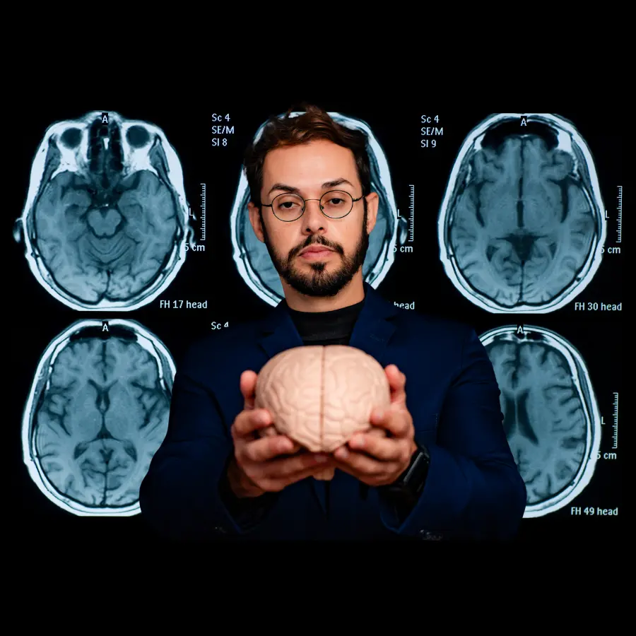 Neurocientista Dr. Allan Felippe analisando o cérebro humano, com fundo de conexões neurais para o curso de neurociência comportamental.