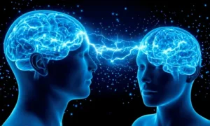 Ilustração 3D de duas silhuetas humanas azuis conectadas por impulsos elétricos entre seus cérebro sociais sobre fundo preto
