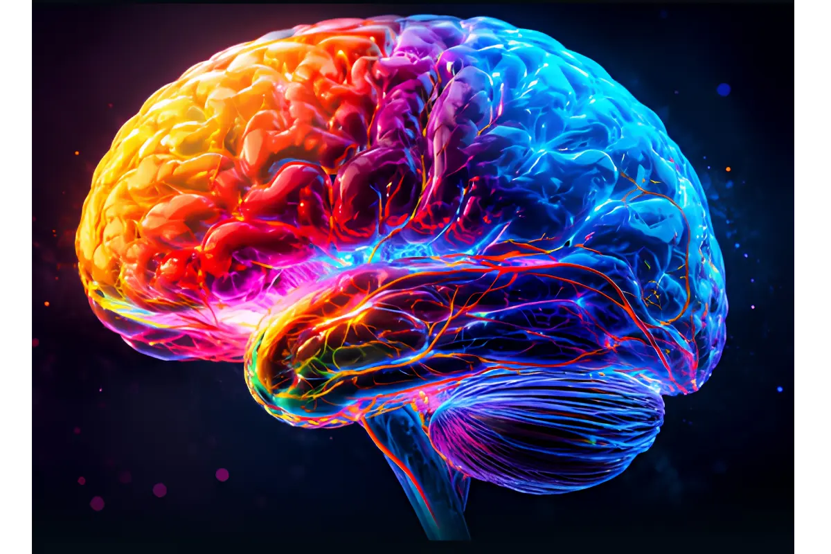 Ilustração tridimensional do cérebro humano altamente colorido em tons de laranja, roxo e azul, destacando conexões neurais para explicar o que é neurociência.